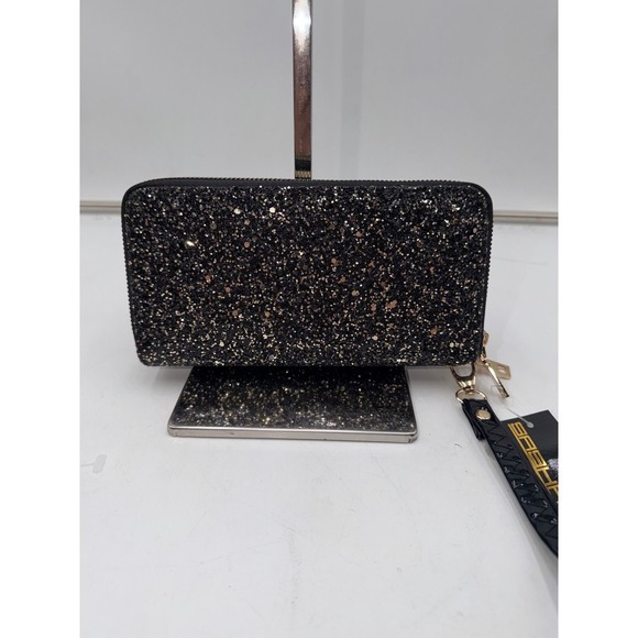 Sasha Handbags Handbags - Sasha Handbags Black Gold Glitter Double Zip Wristlet Wallet Cell Phone Holder